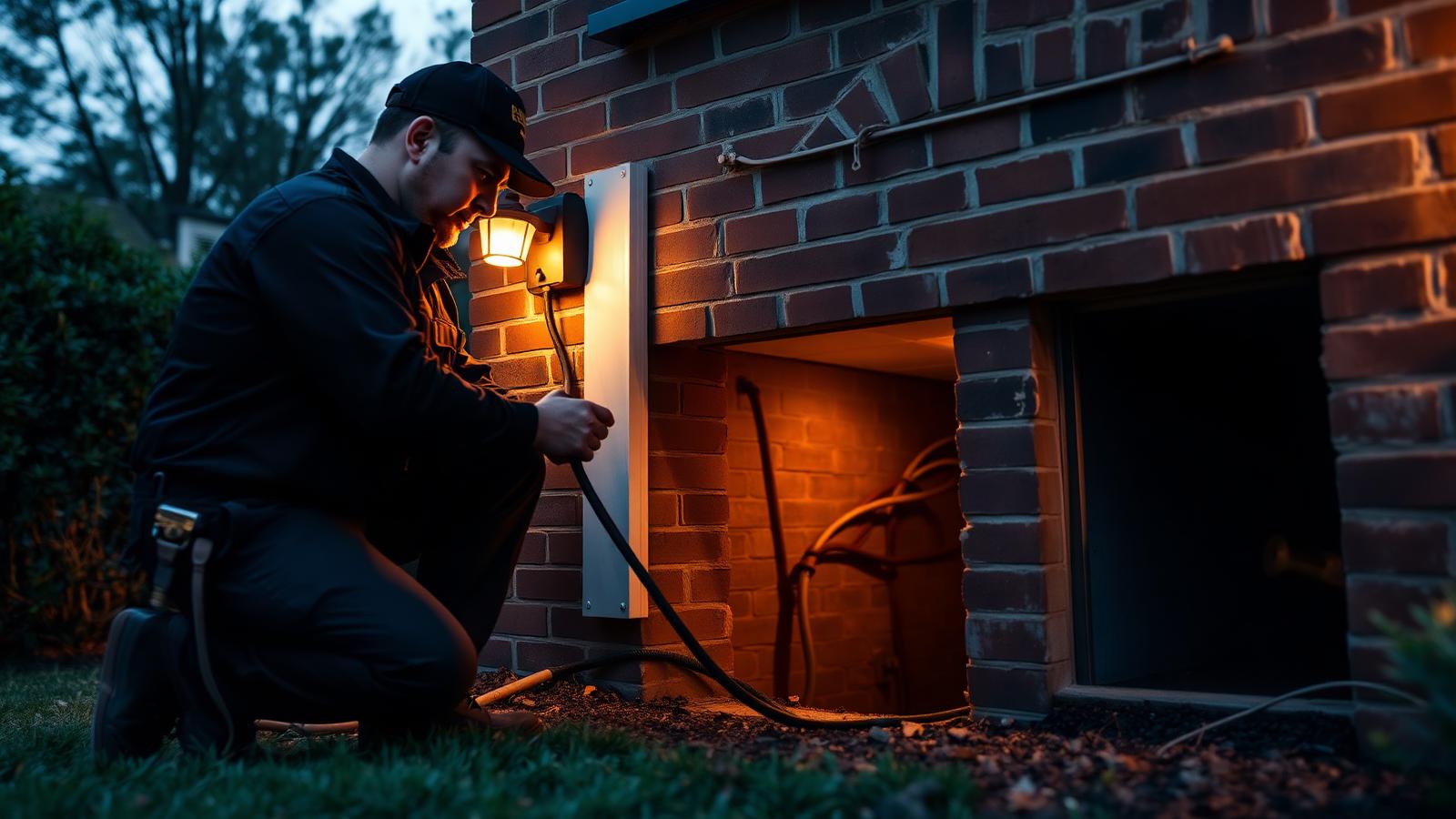 Guardex technician inspecting the crawl space vent of a coastal Virginia home at dusk